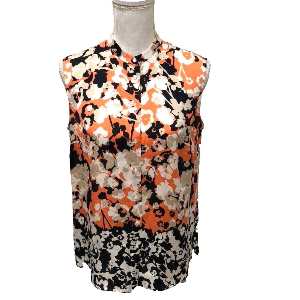 Hugo Boss Bamina Silk Blouse Top Womens‎ 6 Button Up Sleeveless Floral Artsy